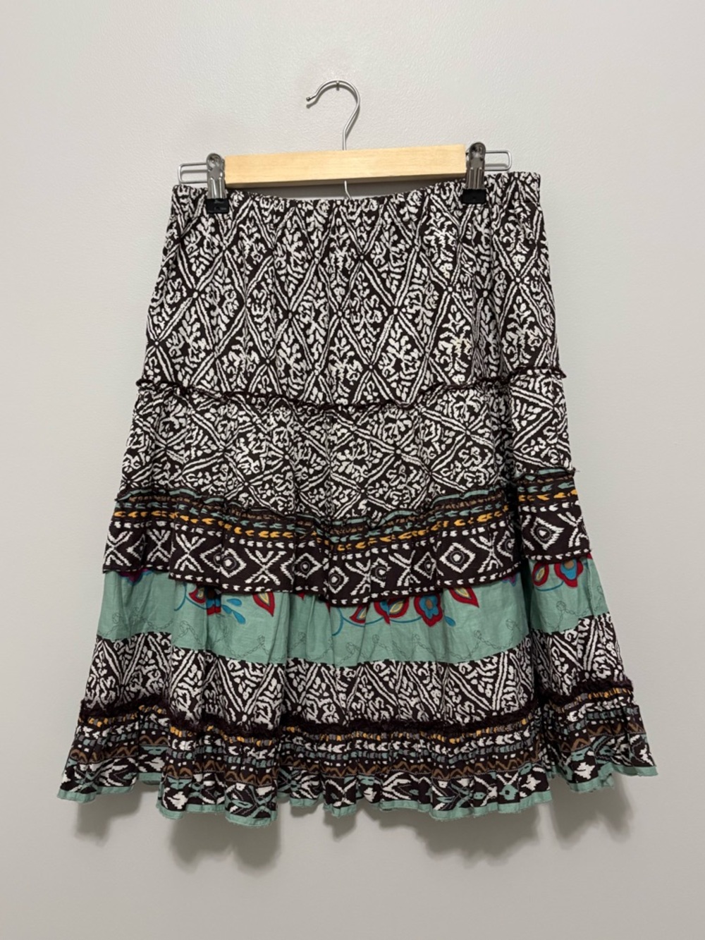Vintage Boho Indie Hippie Festival Cotton Tiered Brown Teal Print Petite Skirt
